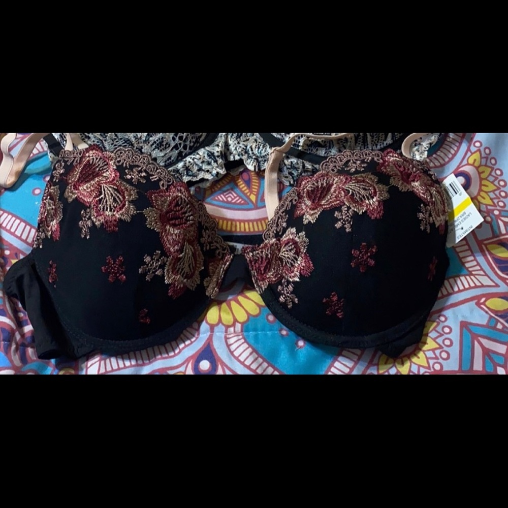 New black with pink and white embroidered floral 38C bra